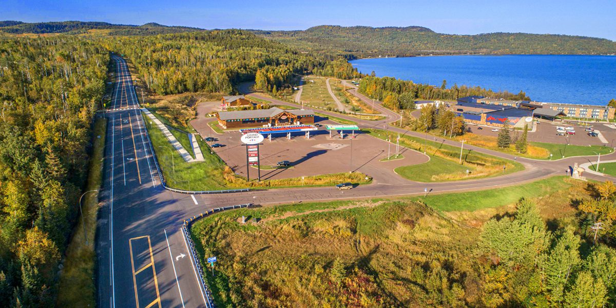 aerial view of highway with Intersection and a Convenience Store