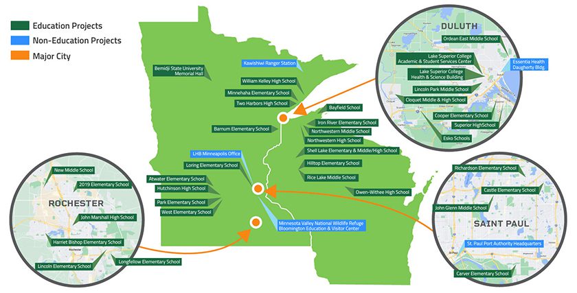 map of Minnesota and Wisconsin showing locations of cities and projects