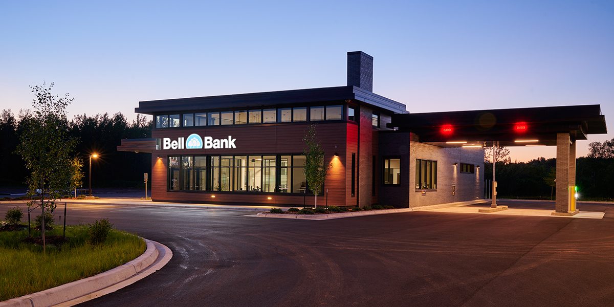 outside of bank at dusk
