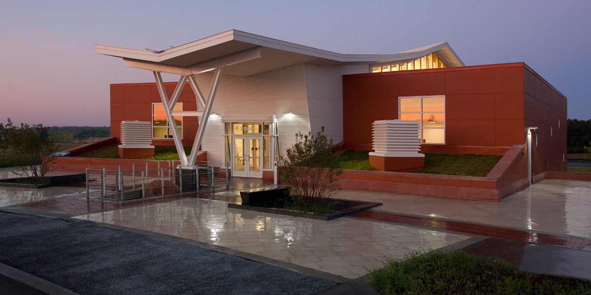 Front entrance at dusk
