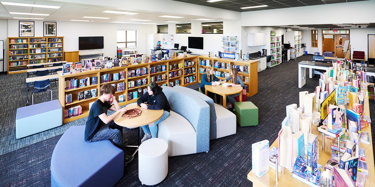 students working in media center