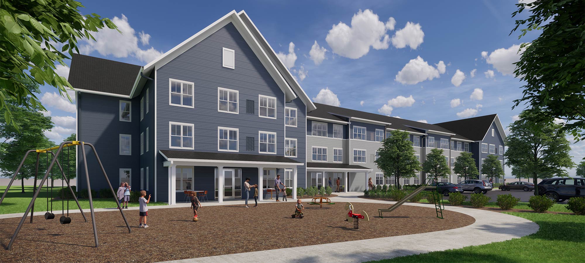 Building with playground in front