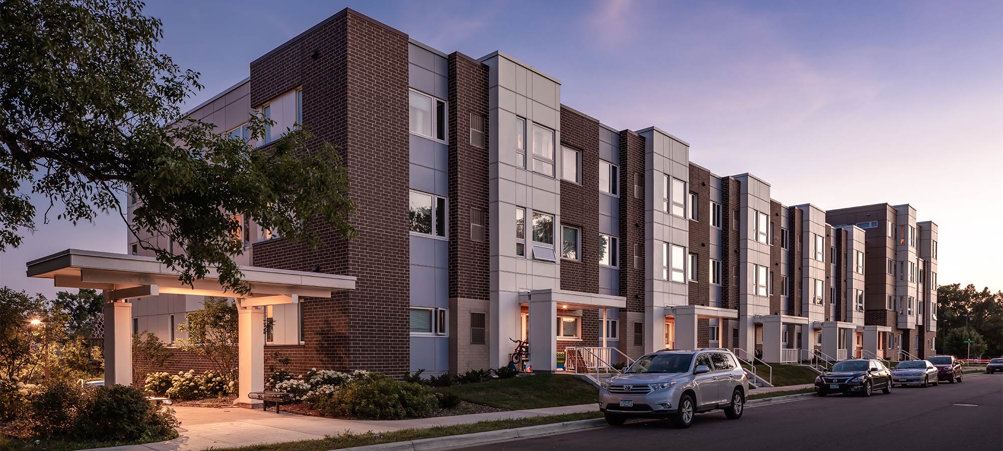 Evening apartment street view