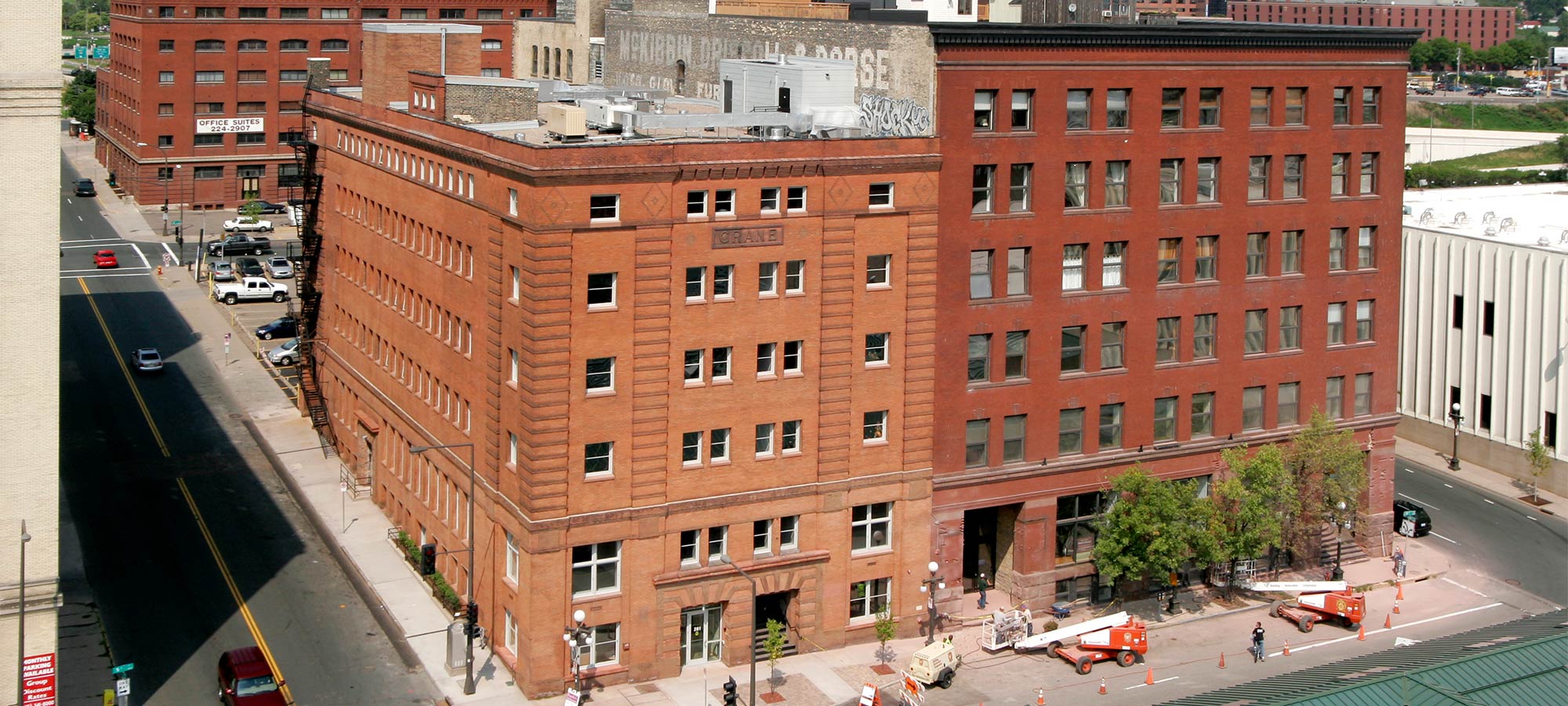 aerial view of building and street