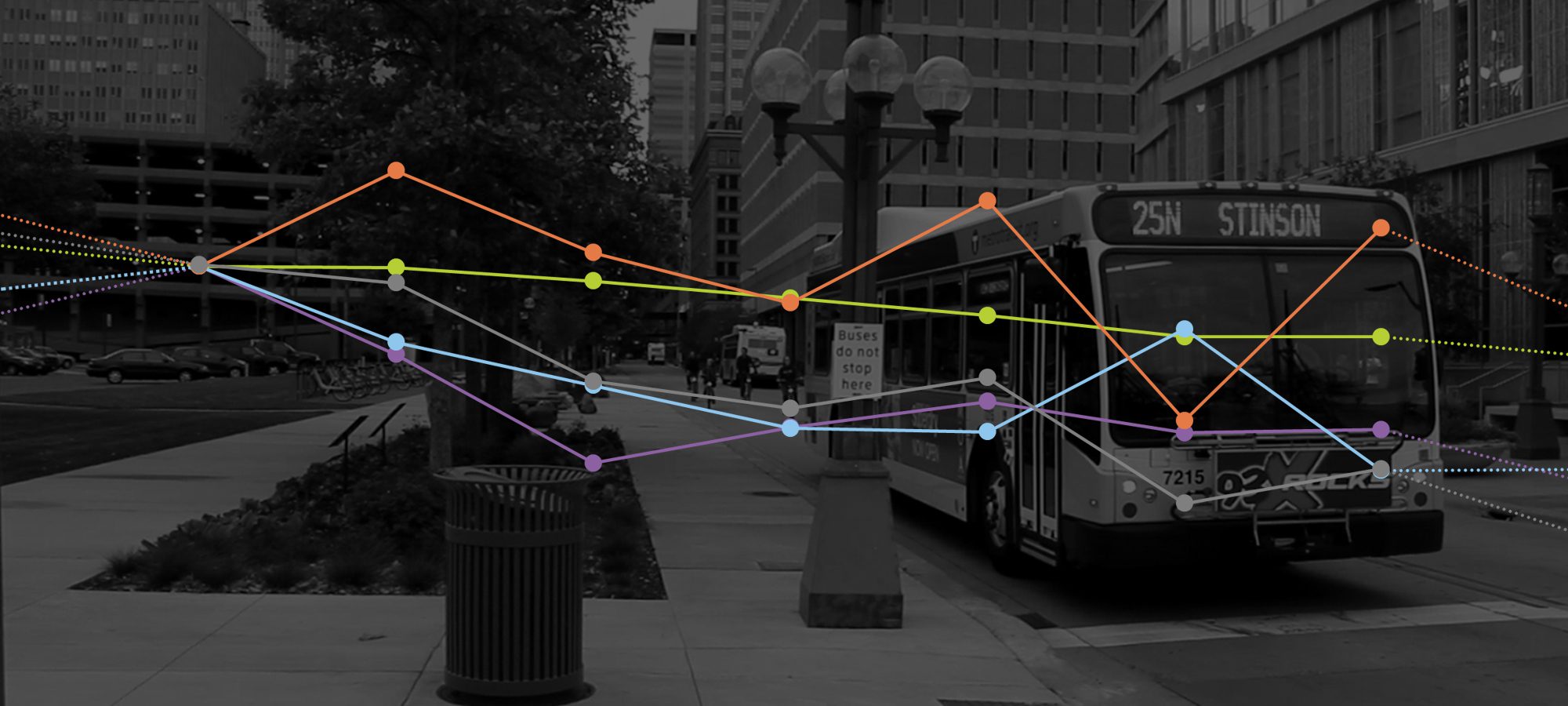 bus on a city street with a line graph overlaid
