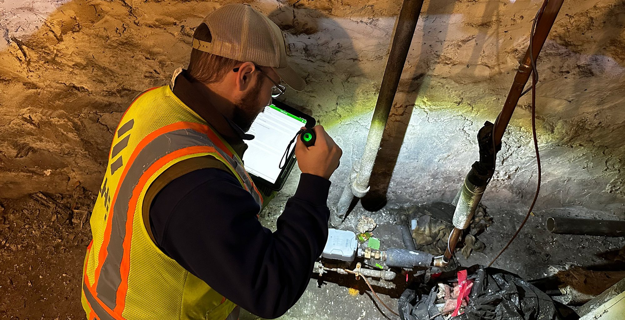 Man checking pipe