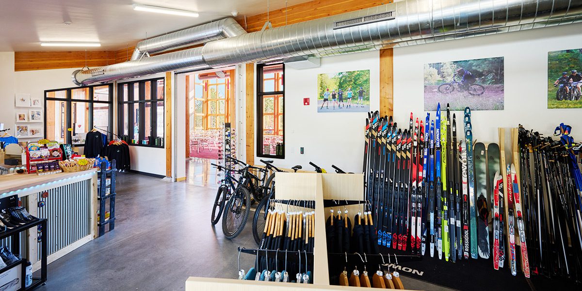 bikes and skis in a store